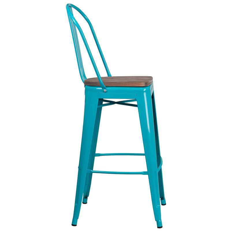 30" High Crystal Teal-Blue Metal Barstool With Back And Wood Seat By Flash Furniture | Bar Stools | Modishstore - 2