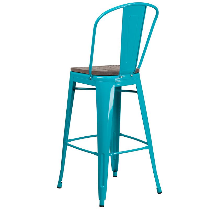 30" High Crystal Teal-Blue Metal Barstool With Back And Wood Seat By Flash Furniture | Bar Stools | Modishstore - 3