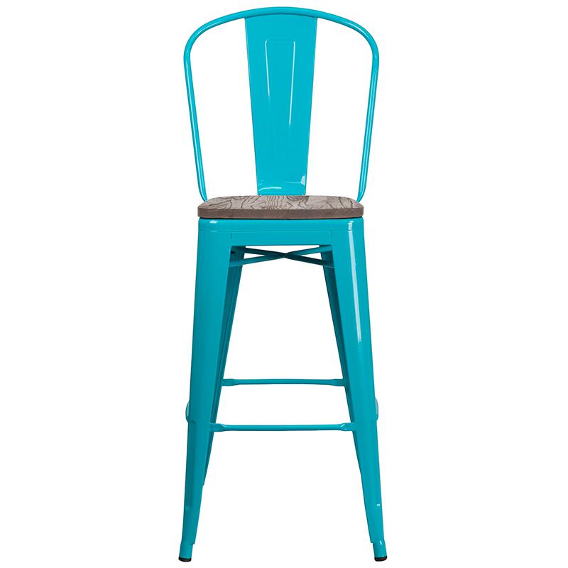 30" High Crystal Teal-Blue Metal Barstool With Back And Wood Seat By Flash Furniture | Bar Stools | Modishstore - 4