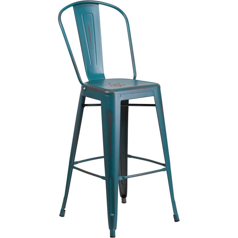 Commercial Grade 30" High Distressed Kelly Blue-Teal Metal Indoor-Outdoor Barstool With Back By Flash Furniture | Bar Stools | Modishstore - 1