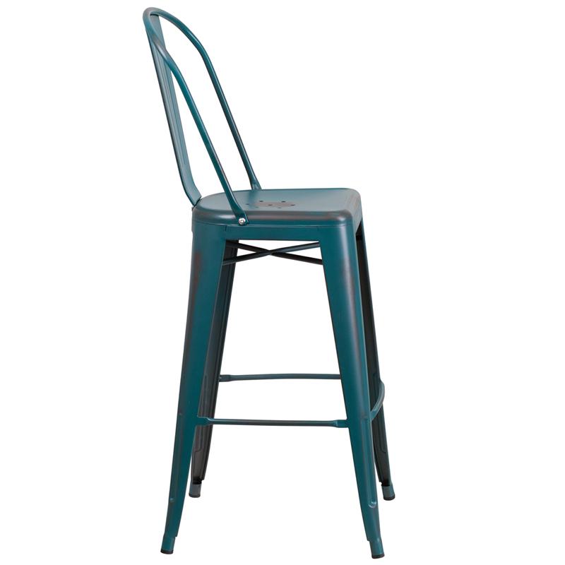 Commercial Grade 30" High Distressed Kelly Blue-Teal Metal Indoor-Outdoor Barstool With Back By Flash Furniture | Bar Stools | Modishstore - 2