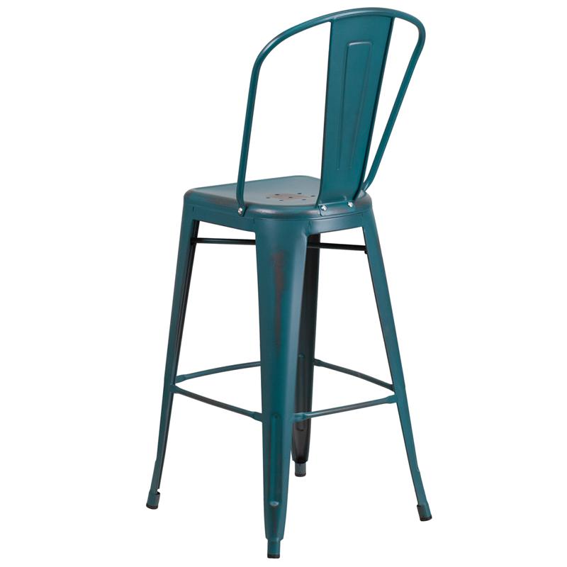 Commercial Grade 30" High Distressed Kelly Blue-Teal Metal Indoor-Outdoor Barstool With Back By Flash Furniture | Bar Stools | Modishstore - 3