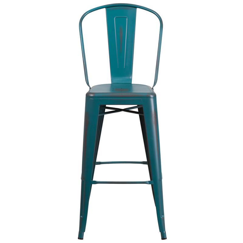 Commercial Grade 30" High Distressed Kelly Blue-Teal Metal Indoor-Outdoor Barstool With Back By Flash Furniture | Bar Stools | Modishstore - 4