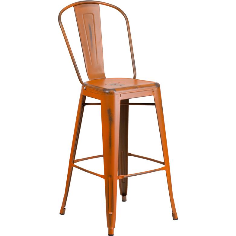 Commercial Grade 30" High Distressed Orange Metal Indoor-Outdoor Barstool With Back By Flash Furniture | Bar Stools | Modishstore - 1