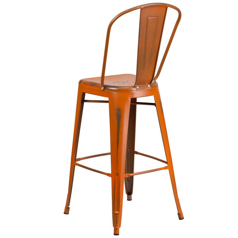 Commercial Grade 30" High Distressed Orange Metal Indoor-Outdoor Barstool With Back By Flash Furniture | Bar Stools | Modishstore - 3