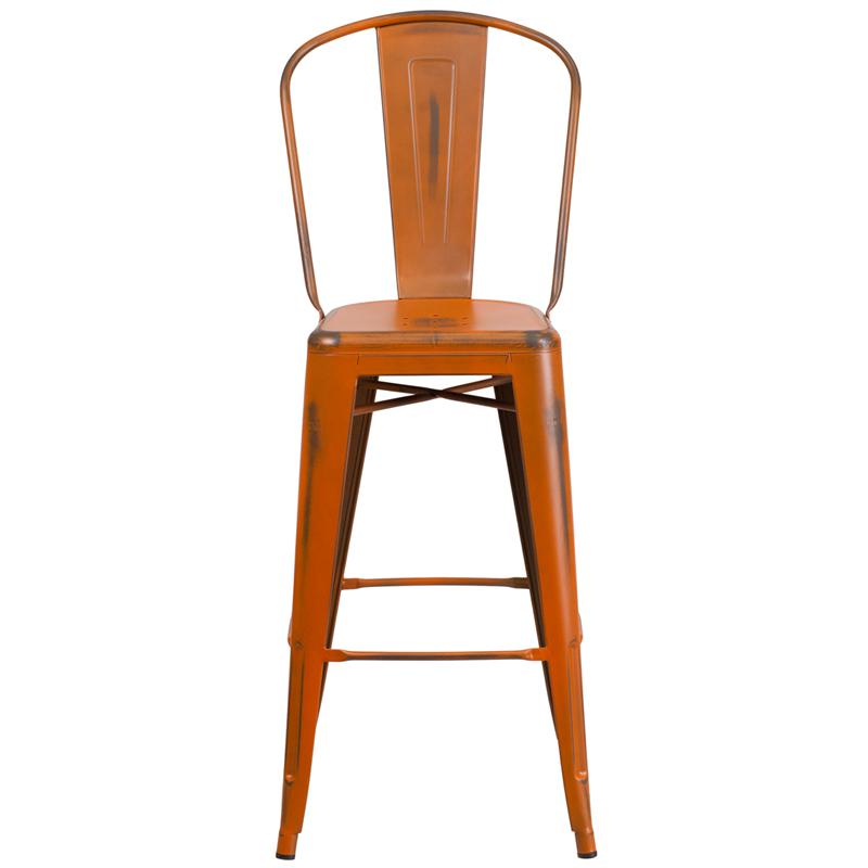 Commercial Grade 30" High Distressed Orange Metal Indoor-Outdoor Barstool With Back By Flash Furniture | Bar Stools | Modishstore - 4