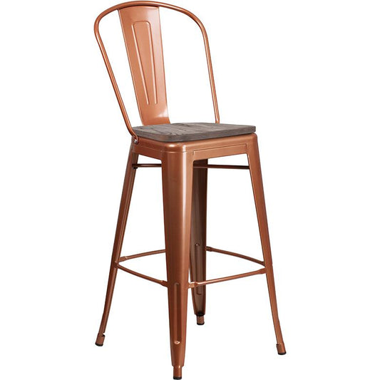 30" High Copper Metal Barstool With Back And Wood Seat By Flash Furniture | Bar Stools | Modishstore - 1