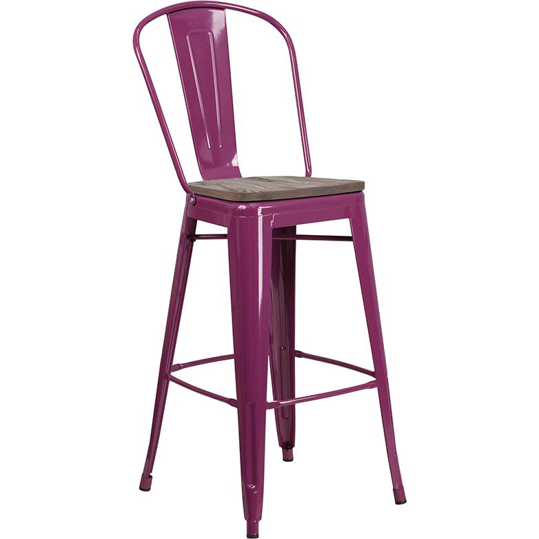 30" High Purple Metal Barstool With Back And Wood Seat By Flash Furniture | Bar Stools | Modishstore - 1