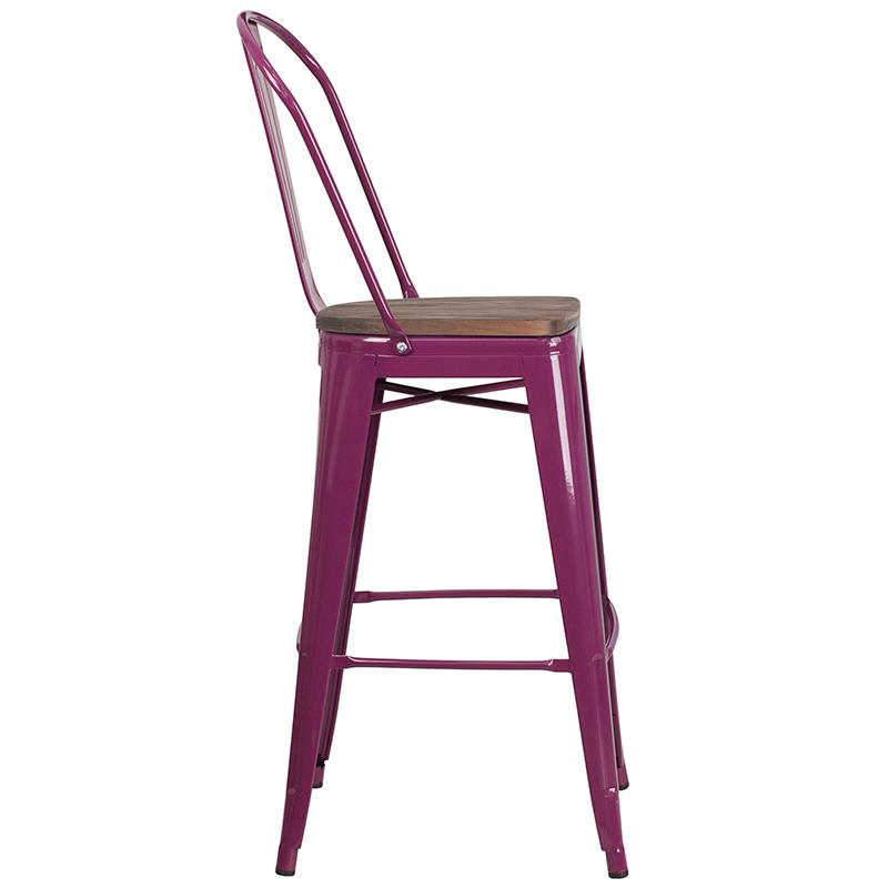 30" High Purple Metal Barstool With Back And Wood Seat By Flash Furniture | Bar Stools | Modishstore - 2