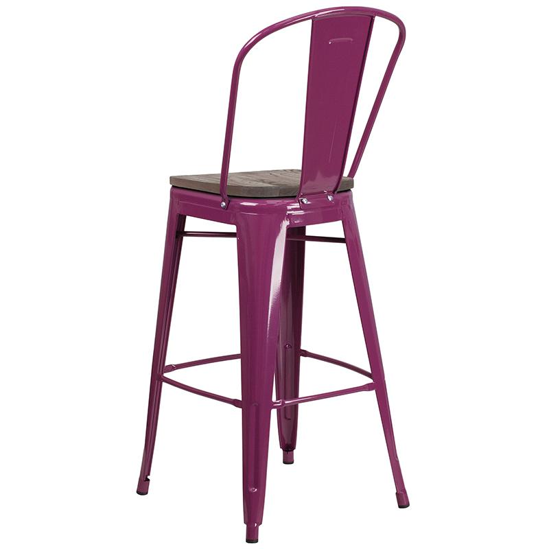 30" High Purple Metal Barstool With Back And Wood Seat By Flash Furniture | Bar Stools | Modishstore - 3