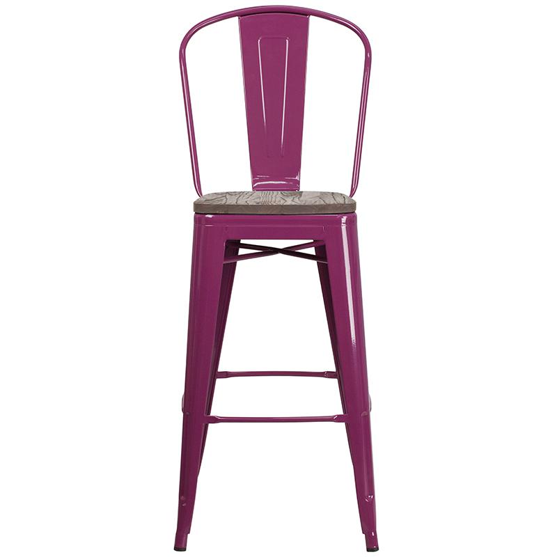 30" High Purple Metal Barstool With Back And Wood Seat By Flash Furniture | Bar Stools | Modishstore - 4