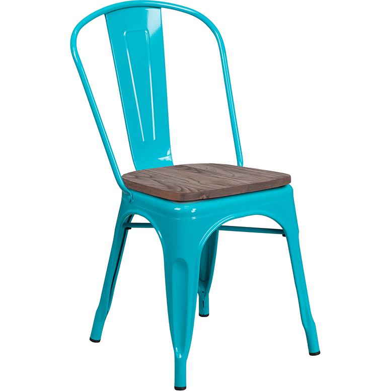 Crystal Teal-Blue Metal Stackable Chair With Wood Seat By Flash Furniture | Dining Chairs | Modishstore - 1