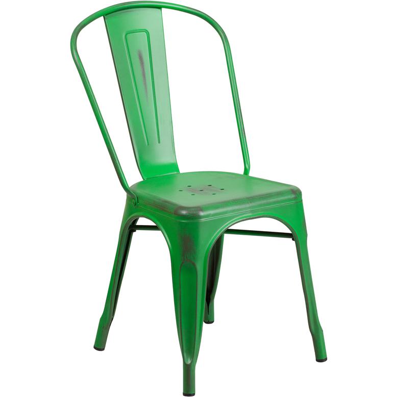 Commercial Grade Distressed Green Metal Indoor-Outdoor Stackable Chair By Flash Furniture | Dining Chairs | Modishstore - 1