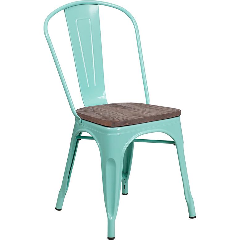 Mint Green Metal Stackable Chair With Wood Seat By Flash Furniture | Dining Chairs | Modishstore - 1