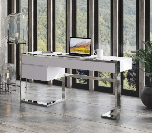 Modrest Fauna - Modern White High Gloss & Stainless Steel Desk | Desks | Modishstore - 2