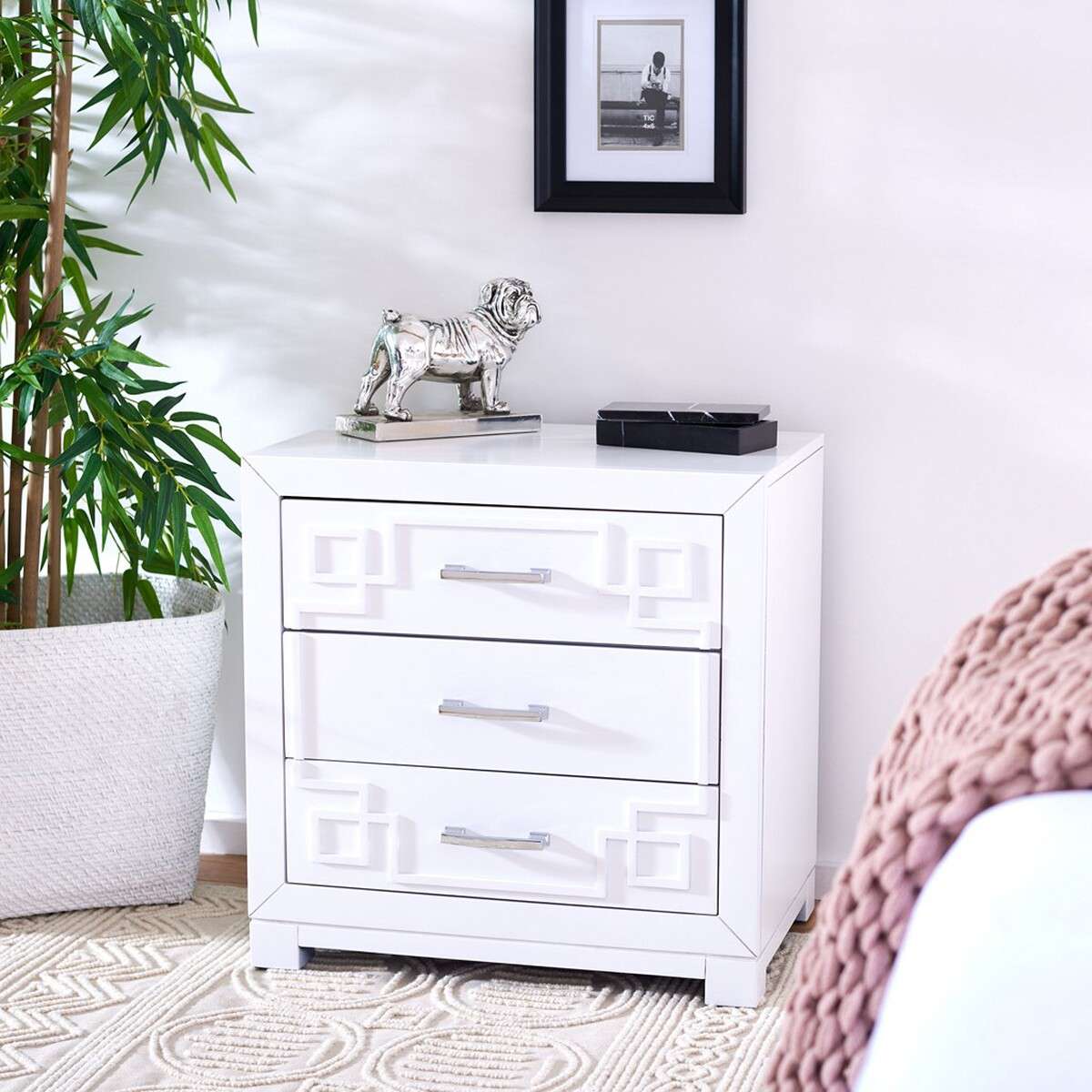 Safavieh Raina Three Drawer Greek Key Night Stand - White | Nightstands | Modishstore - 4