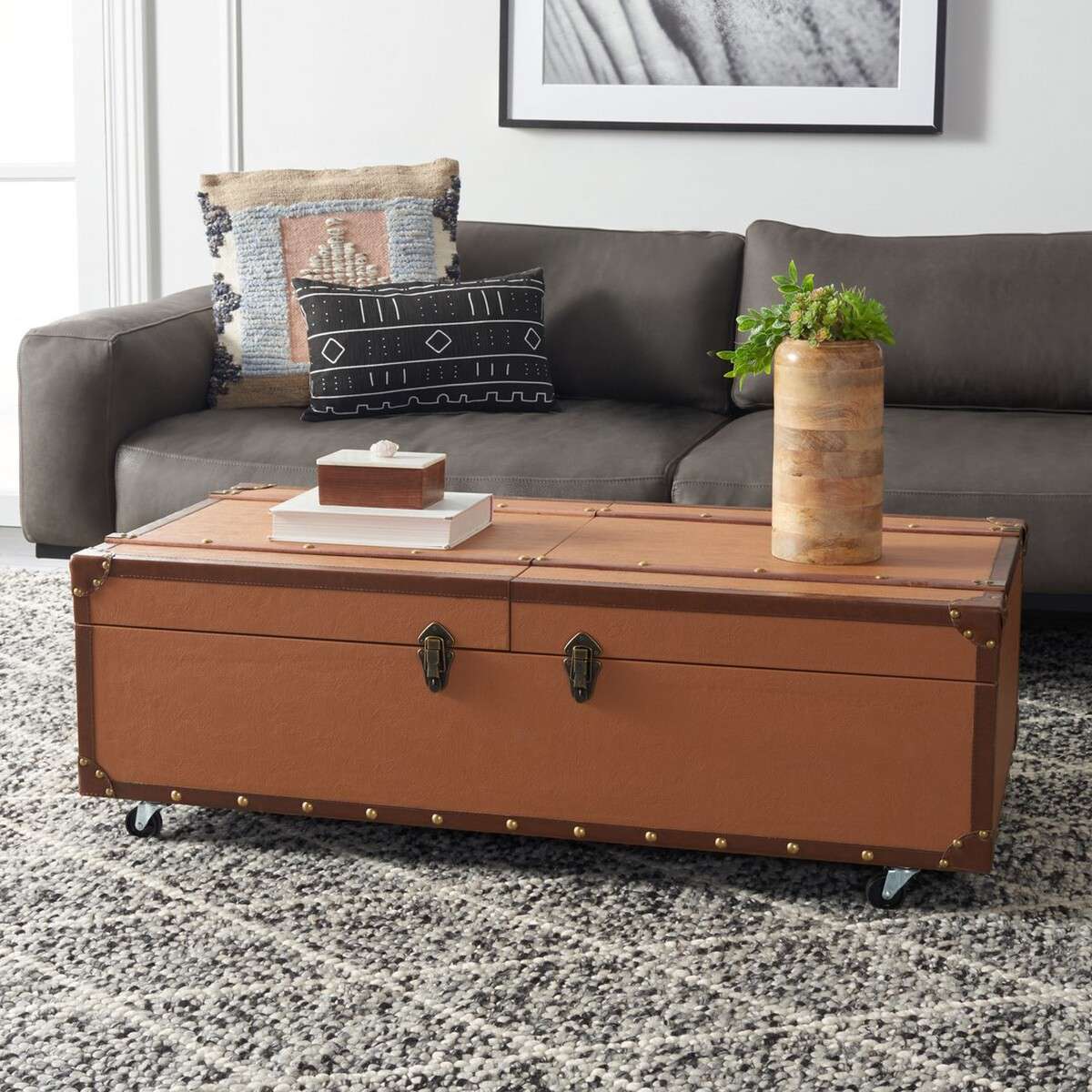 Safavieh Zoe Coffee Table Storage Trunk With Wine Rack - Cognac |  | Modishstore