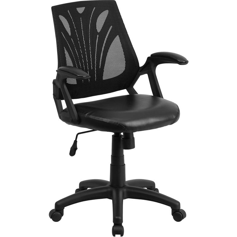 Mid-Back Designer Black Mesh Swivel Task Office Chair With Leathersoft Seat And Open Arms By Flash Furniture | Office Chairs | Modishstore - 1