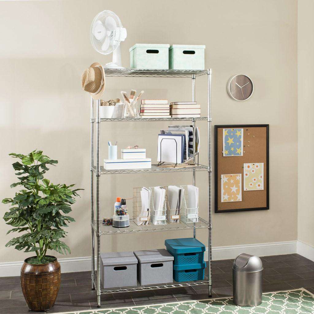 Safavieh Alpha 5 Tier Chrome Wire Shelving (35 In W X 18 In D X 71 In H) - Chrome | Shelves & Shelving Units | Modishstore - 2