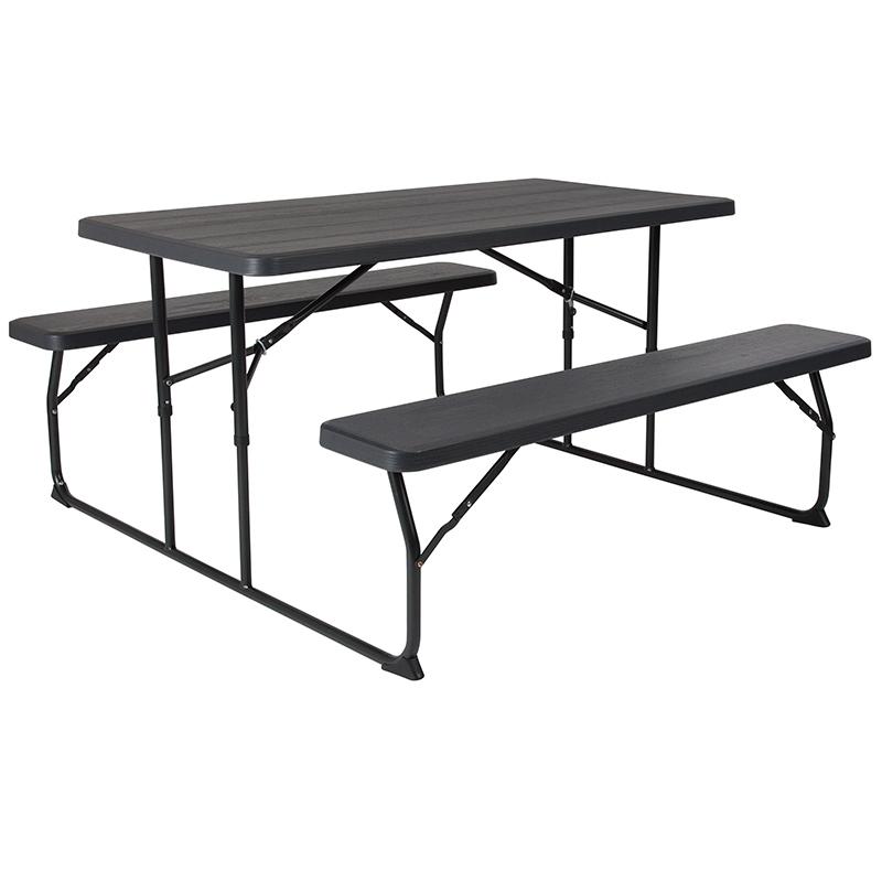 Insta-Fold Charcoal Wood Grain Folding Picnic Table And Benches By Flash Furniture | Outdoor Tables | Modishstore - 2