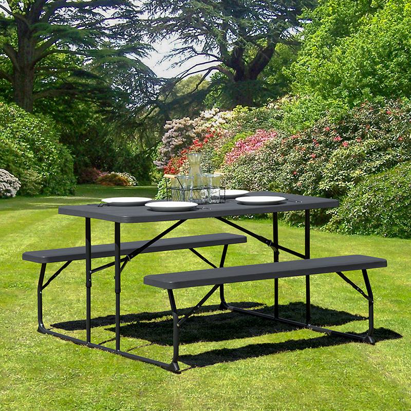 Insta-Fold Charcoal Wood Grain Folding Picnic Table And Benches By Flash Furniture | Outdoor Tables | Modishstore - 1