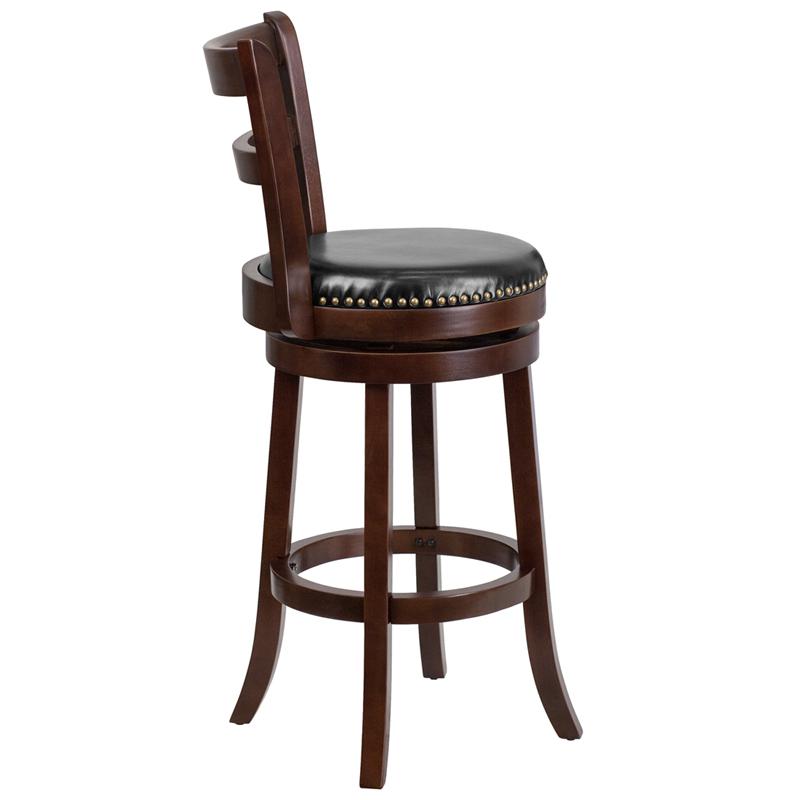 30'' High Cappuccino Wood Barstool With Single Slat Ladder Back And Black Leathersoft Swivel Seat By Flash Furniture | Bar Stools | Modishstore - 2