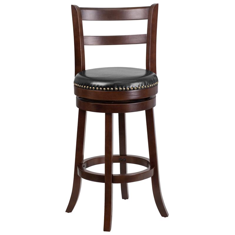 30'' High Cappuccino Wood Barstool With Single Slat Ladder Back And Black Leathersoft Swivel Seat By Flash Furniture | Bar Stools | Modishstore - 4