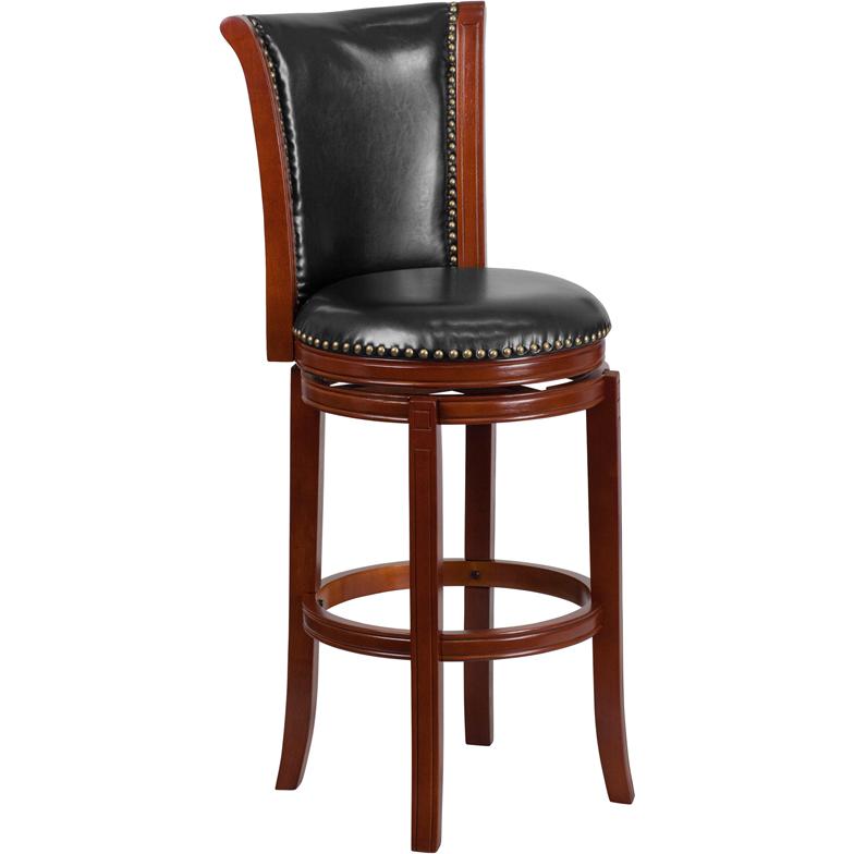 30'' High Dark Chestnut Wood Barstool With Panel Back And Black Leathersoft Swivel Seat By Flash Furniture | Bar Stools | Modishstore - 1