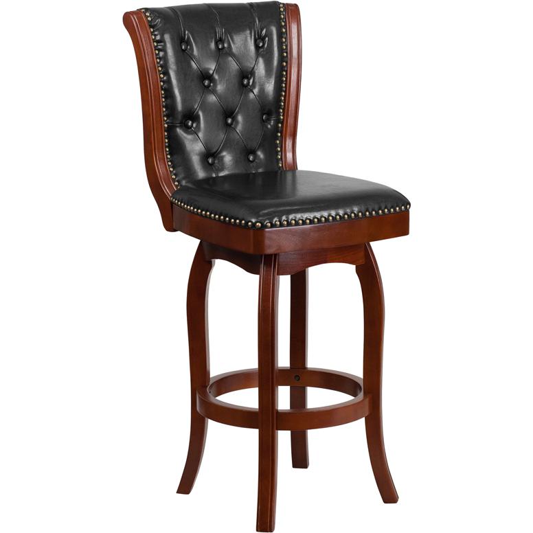 30'' High Cherry Wood Barstool With Button Tufted Back And Black Leathersoft Swivel Seat By Flash Furniture | Bar Stools | Modishstore - 1