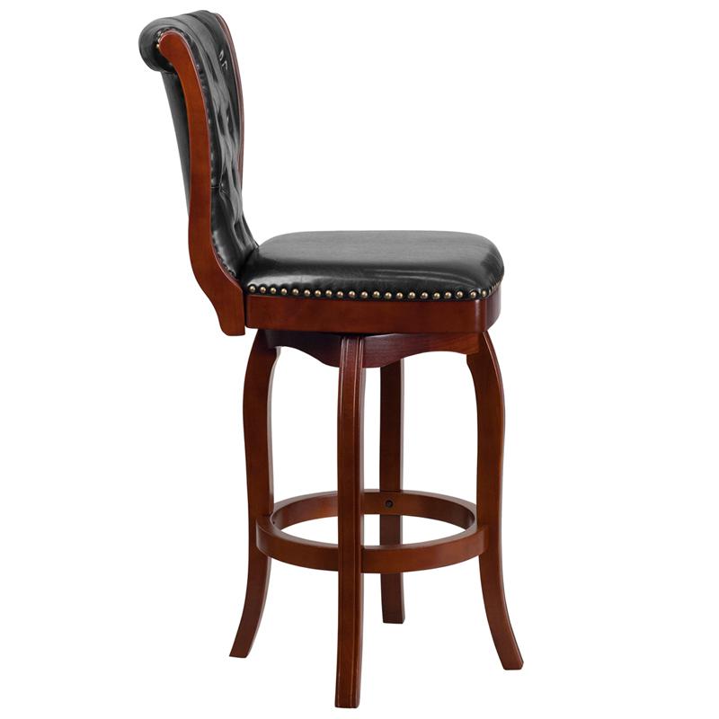 30'' High Cherry Wood Barstool With Button Tufted Back And Black Leathersoft Swivel Seat By Flash Furniture | Bar Stools | Modishstore - 2