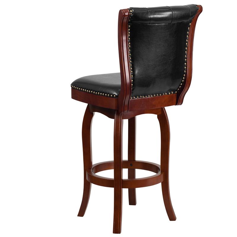 30'' High Cherry Wood Barstool With Button Tufted Back And Black Leathersoft Swivel Seat By Flash Furniture | Bar Stools | Modishstore - 3