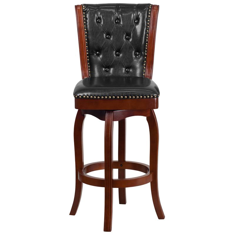 30'' High Cherry Wood Barstool With Button Tufted Back And Black Leathersoft Swivel Seat By Flash Furniture | Bar Stools | Modishstore - 4