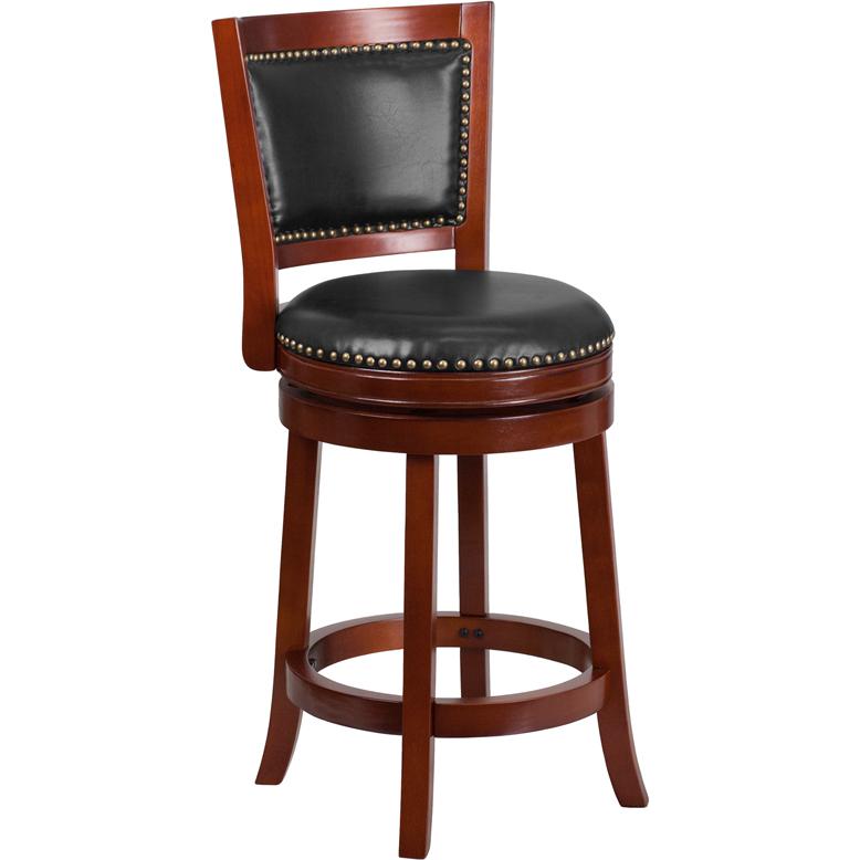 26'' High Dark Cherry Wood Counter Height Stool With Open Panel Back And Walnut Leathersoft Swivel Seat By Flash Furniture | Bar Stools | Modishstore - 1