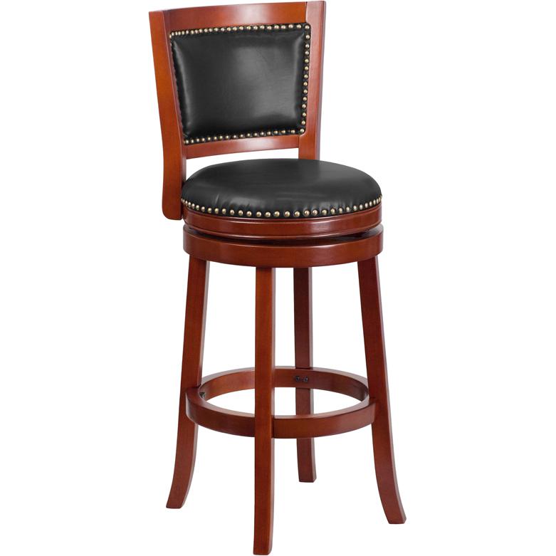 30'' High Dark Cherry Wood Barstool With Open Panel Back And Walnut Leathersoft Swivel Seat By Flash Furniture | Bar Stools | Modishstore - 1