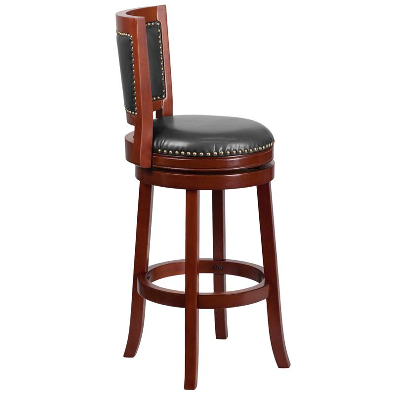 30'' High Dark Cherry Wood Barstool With Open Panel Back And Walnut Leathersoft Swivel Seat By Flash Furniture | Bar Stools | Modishstore - 2