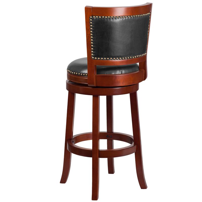 30'' High Dark Cherry Wood Barstool With Open Panel Back And Walnut Leathersoft Swivel Seat By Flash Furniture | Bar Stools | Modishstore - 3