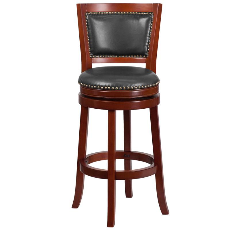 30'' High Dark Cherry Wood Barstool With Open Panel Back And Walnut Leathersoft Swivel Seat By Flash Furniture | Bar Stools | Modishstore - 4