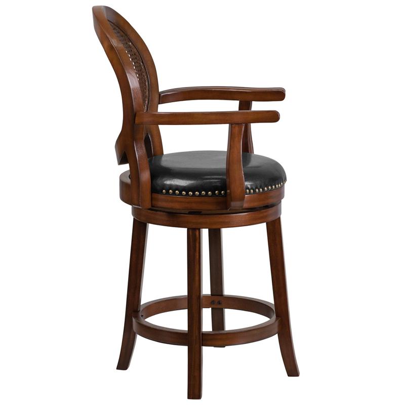 26'' High Expresso Wood Counter Height Stool With Arms, Woven Rattan Back And Black Leathersoft Swivel Seat By Flash Furniture | Bar Stools | Modishstore - 2