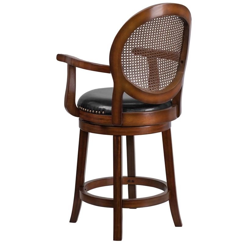 26'' High Expresso Wood Counter Height Stool With Arms, Woven Rattan Back And Black Leathersoft Swivel Seat By Flash Furniture | Bar Stools | Modishstore - 3
