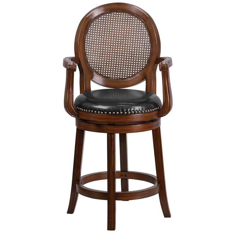26'' High Expresso Wood Counter Height Stool With Arms, Woven Rattan Back And Black Leathersoft Swivel Seat By Flash Furniture | Bar Stools | Modishstore - 4
