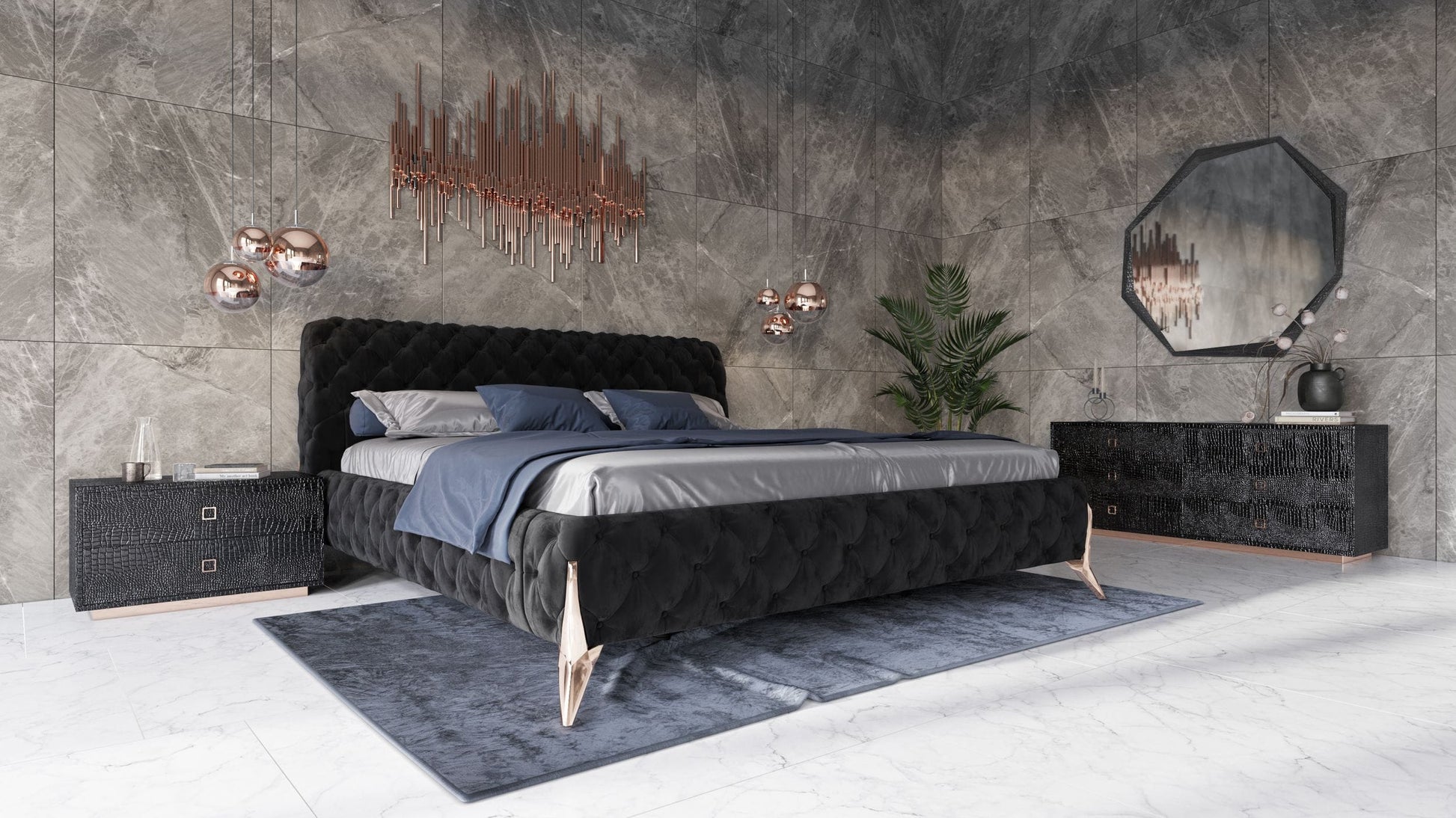 Modrest Hemlock - Modern Grey Velvet Bed