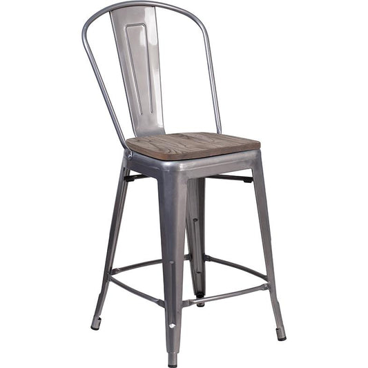 24" High Clear Coated Counter Height Stool With Back And Wood Seat By Flash Furniture | Bar Stools | Modishstore