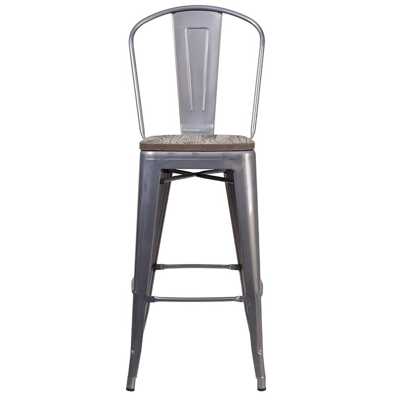 30" High Clear Coated Barstool With Back And Wood Seat By Flash Furniture | Bar Stools | Modishstore - 4